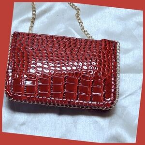 Vibrant Red Crocodile Embossed Chain Bag